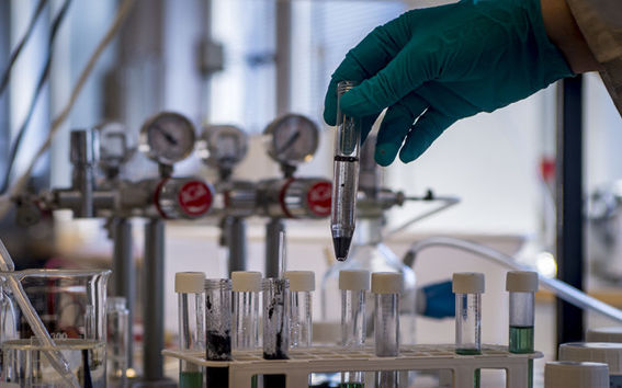 Precious metals in crushed batteries being dissolved in a test tube. Photo: Glen Forde/Aalto Energy Platform