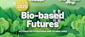 Event poster with text 'Bio-based Futures' for May 15-16, 2025, featuring paper-cut style trees and factory in background.