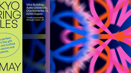 Flyer for Tokyo Spring Sales event with dates, venue details, and vibrant pattern in blue, pink, and orange.