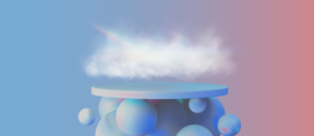 Blue-coral gradient background with a podium floating over balloons and above it a white cloud dispersing a ray of light to its spectral components.
