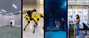 Four scenes: anechoic chamber, yellow robotic dog, people in blue chamber, and a person working with equipment.