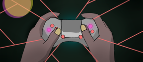 A person with yellow nails holds a game controller. Red laser lines and a circle are in the background.