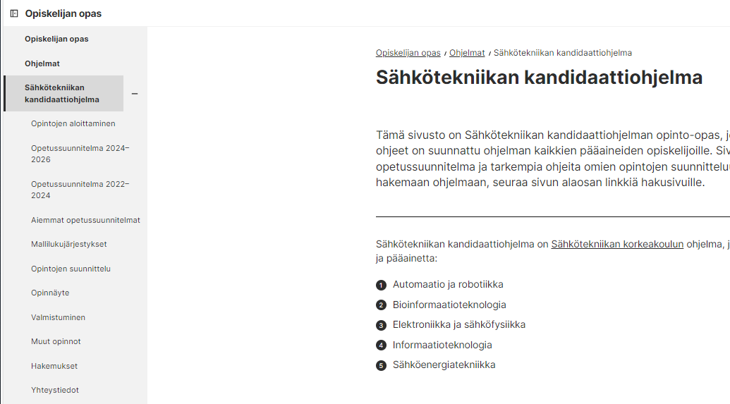Opiskelijan oppaan ohjelmasivun navigaatio