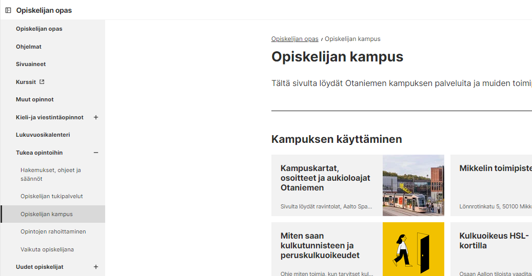 Opiskelijan opas, Opiskelijan kampus -sivu