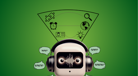 A robot listening to audio and trying to answer questions like "who", "when", "how", "what", "where", and "why".