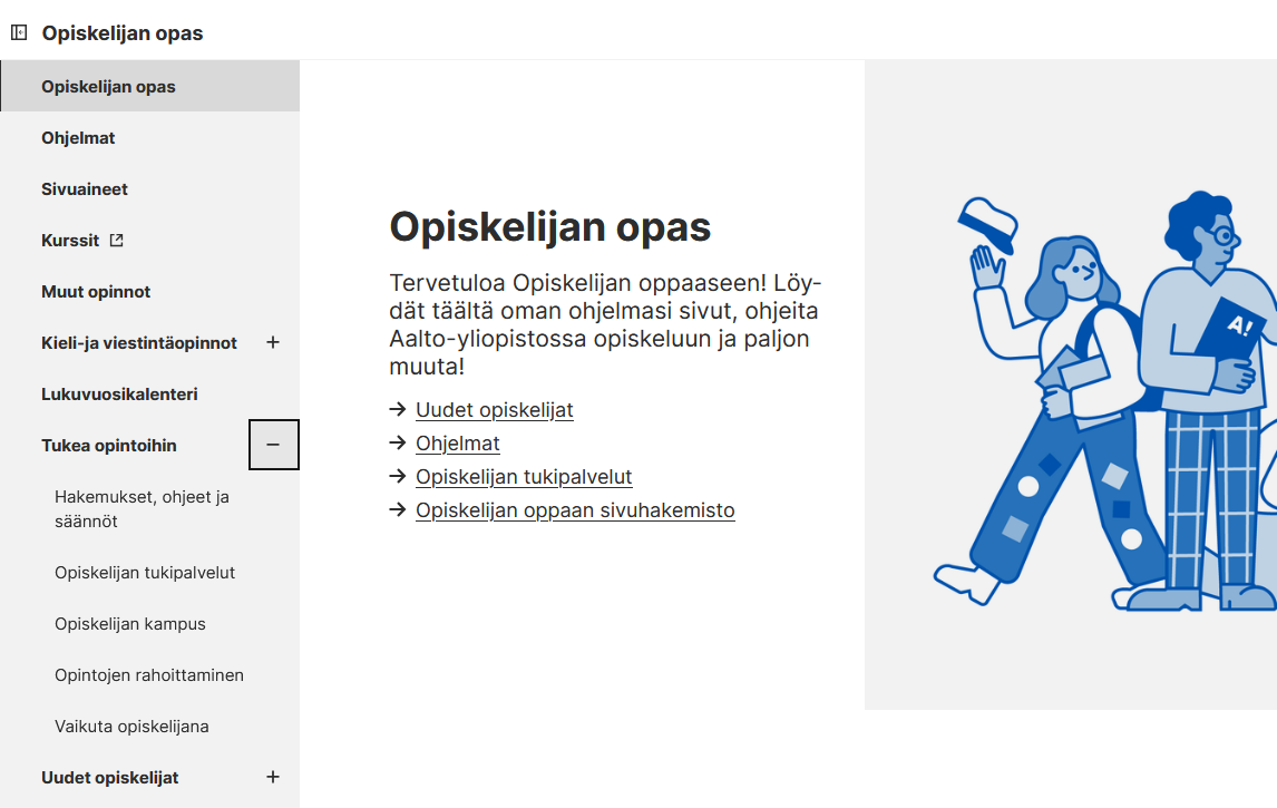 Opiskelijan oppaan sivuvalikko.
