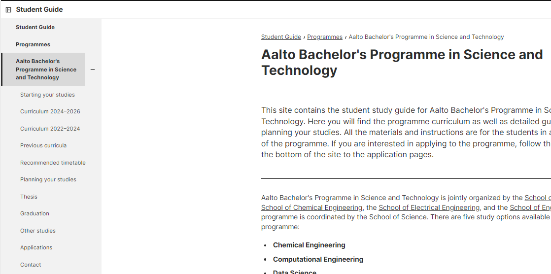 Student Guide, programme page navigation